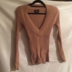 It’s Our Time Deep V Neck Sweater. Tan in color.